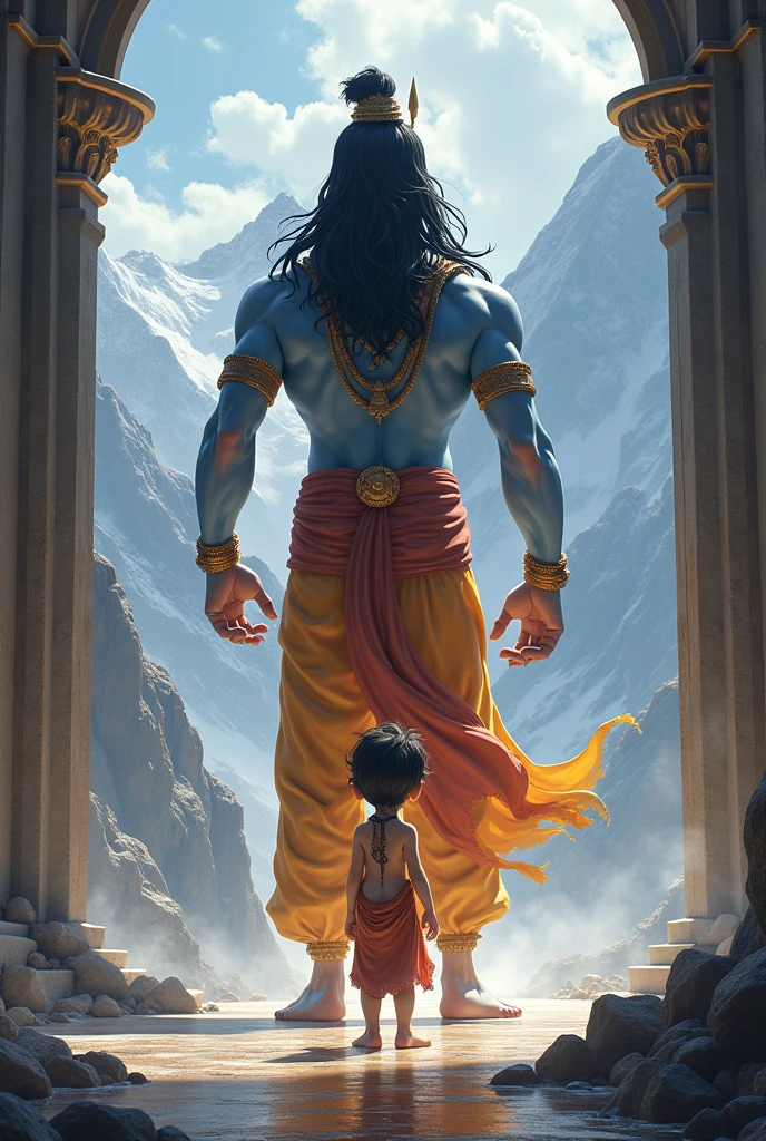 A small cute boy is stopping Lord Shiva from entering into a palace 
Background has to be Himalayas 