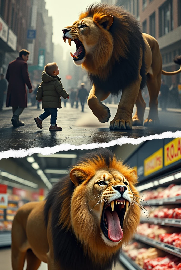 Un lion sauvage et affamé demande une pièce a un passant, l'image est séparée horizontalement au milieu par un trait blanc.
En dessous le lion est au supermarché entrain de s'acheter un bout de viande 
