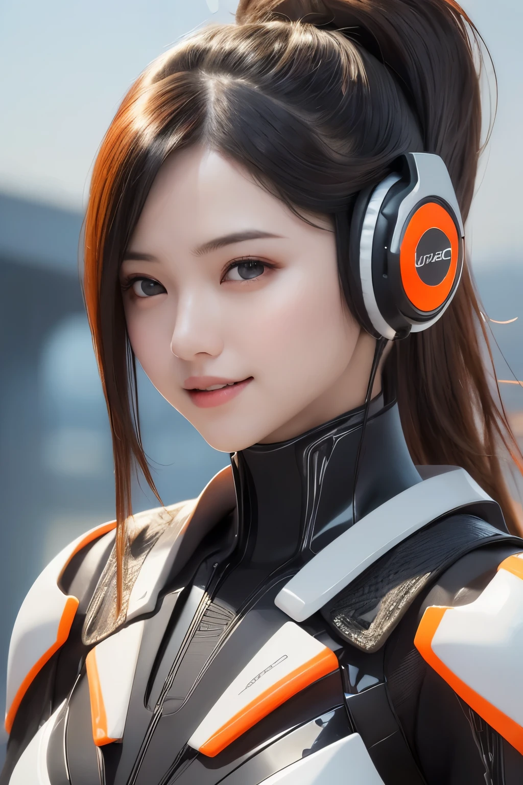 Top Quality, Masterpiece, Ultra High Resolution, (Photorealistic: 1.4), Raw Photo, 1 Girl, Black Hair, Glossy Skin, 1 Mechanical Girl, (((Ultra Realistic Details)), Portrait, Global Illumination, Shadows, Octane Rendering, 8K, Ultra Sharp, Intricate Ornaments Details, realistic skin, sweat effect, ((wearing Headphone)), very intricate detail, realistic light, CGSoation trend, brown eyes, glowing eyes, matte black and glossy orange mechanical bodysuit, Long hair, black hair, Ponytail hair, Half body shot, spaceship bridge background, dynamic pose, cute smile, close up, Open Mouth, facing audience