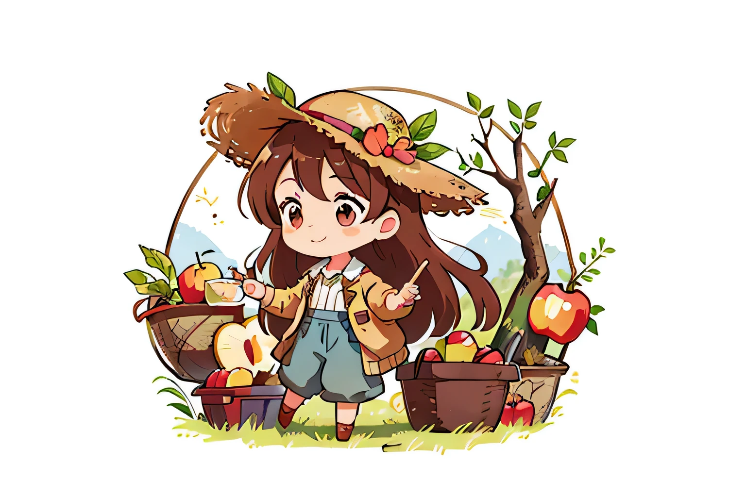 Girl with long brown hair,Put on the farmer suit,(With straw hat),in apple orchard,colorful,Dance(with love)happy,apple(surrounded by love),O sign,vector,line art,design,inspiration,straight line,RHAD