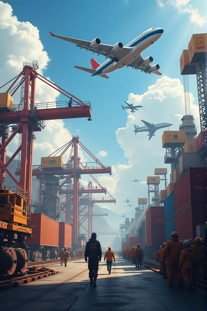Background that contain of logistics activity (air, train, container, and ship)