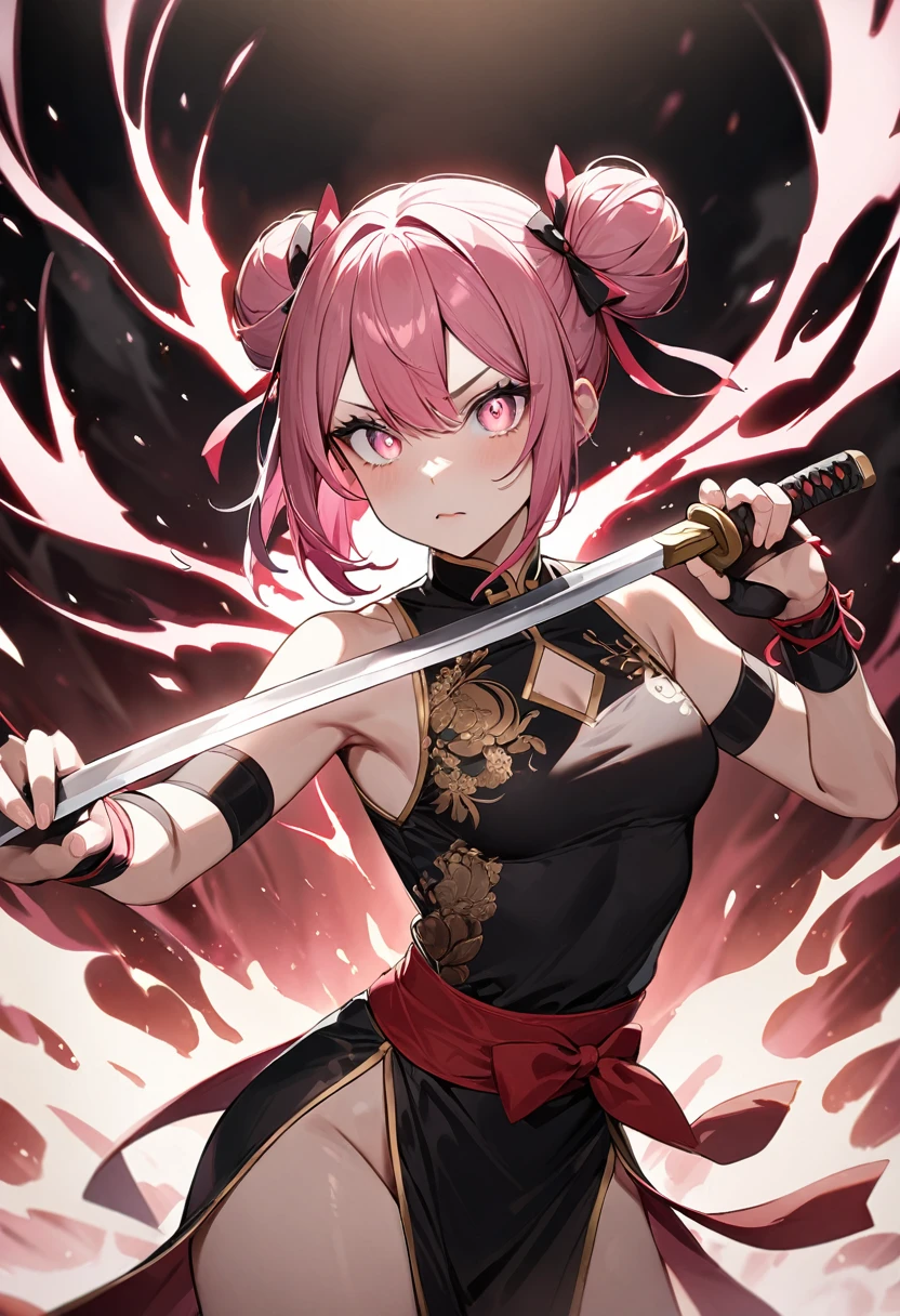 (masterpiece, top quality, very aesthetic, 4k、illustration), intricate detail, 1woman,solo,contrapposto 、Strong glowing eyes、,(cowboy shot)、aura、(Martial Arts),beautiful face、fingerless gloves、、double bun、(fluorescence pink gradient hair)、fighting spirit、multicolored hair,hair ribbon,middle hair,sidelock ,レッド　eyes、china dress、Warrior、small breasts、Slim 、