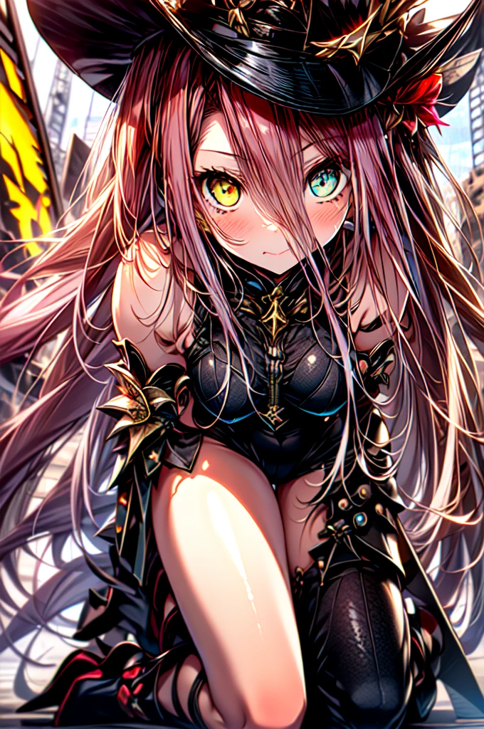 (full body),TYPHON,1girl,yellow eyes,Redee,独奏,very long hair,black dress,blush,elbow gloves,bare shoulders,heterochromia,black sclera,gauntlets,((leotard)),(masterpiece), (Highest quality), High resolution, Intricate details,Pose in front,Kneeling