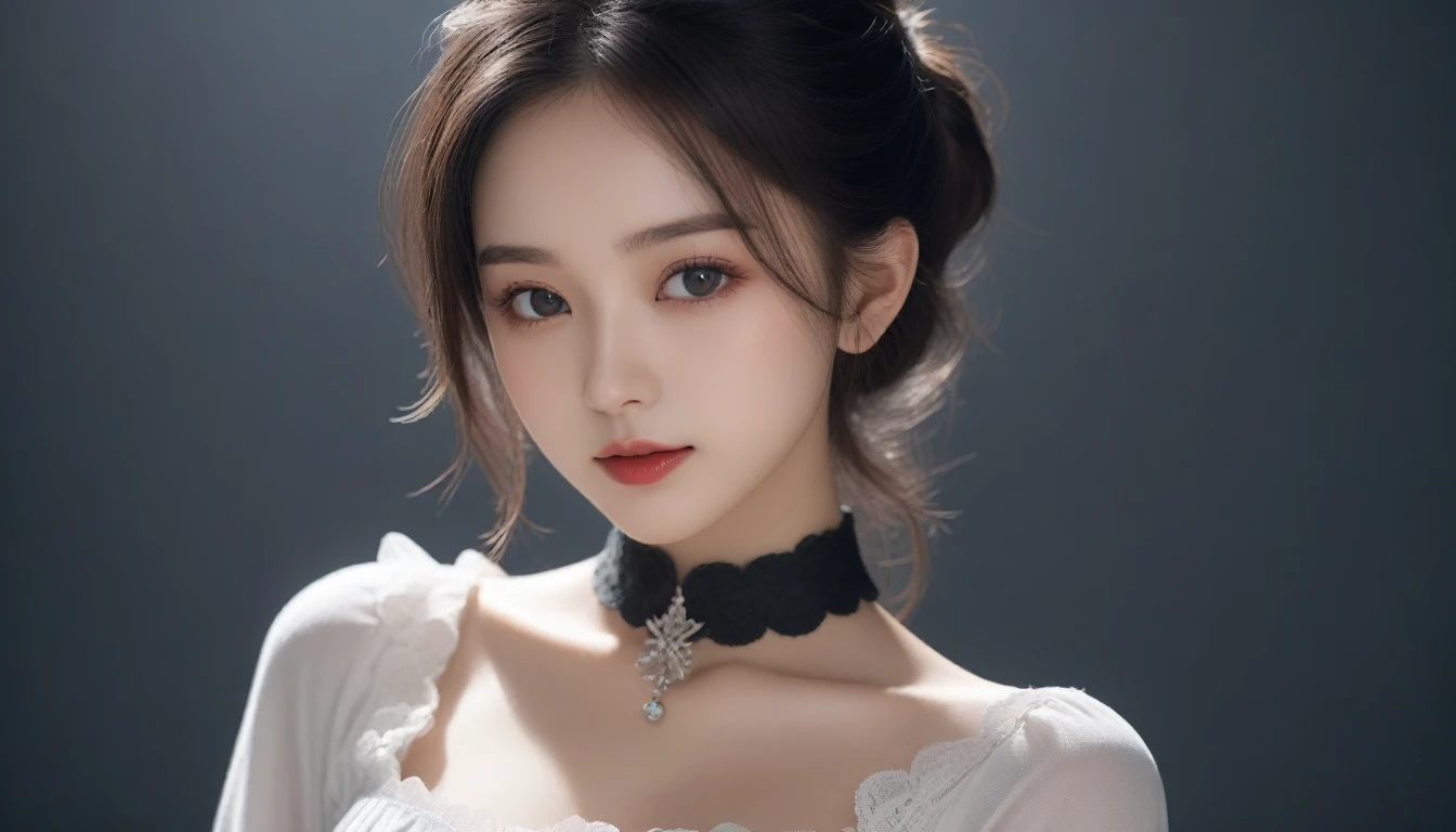 8k, Ultra-high resolution, Highest quality, masterpiece, 三分割法によるphotograph,Surreal, photograph, 1 Girl, (16 years old:1.3), pretty girl, Cute Face, 細部までBeautiful Eyes, 細かくdetailedに,masterpiece,One Girl:1.2,Japanese female announcer,cowboy shot,grin,Black short hair,Messy bun hair,((vampire:1.4)),awe, Natural skin texture、(Medieval European Dress Clothing:1.4)、(Colorful costumes:1.4)、Attractive girl、16 years old、(Perfect female body:1.4)、(女の子のポートレートphotograph:1.4)、(Photorealistic images:1.4),Fantasy art,(Beautiful Face:1.4),Beautiful and attractive eyes、Beautiful Eyes、(Tight waist:1.4)、(9 Beautiful girls with perfect body proportions:1.4),Red lips,(choker:1.4),Looking at the audience,(((Ideal body type))),A-cup small breasts :2,、Portraiture:2、Perfect Anatomy、鮮明なdetailed、detailed,Fashion magazine cover,Thin lips,Gray background ,完璧でBeautiful Face ,完璧でCute Face, Skin with attention to detail, Perfect limbs、Narrow waist,Looking at the audience,(((Ideal body type))),A cup small breasts :2,Portraiture:2,Perfect Anatomy,鮮明なdetailed,detailed,Surreal,Light and shadow,moonlight
