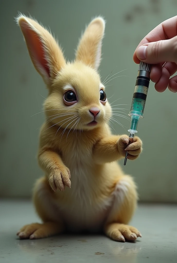 Syringe in the arm of a sick yellow rabbit