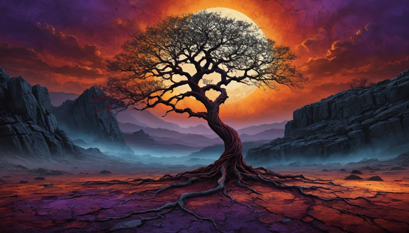 Artistic Photography Style A textured digital painting depicting a lonely, leafless tree standing on rocky ground. The tree has a twisted trunk with intricate branches that spread out to form a dense, circular cup. The painting employs a bold color palette with the tree in shades of dark red, on a vibrant orange and yellow background, evoking a sunset or a fiery glow. The ground is covered in shades of dark purple, light blue, maroon, and yellow notes. There are detailed textures that resemble cracked earth and scattered rocks., with some areas having a rough appearance, almost embossed appearance. The general mood is dramatic and somewhat mystical., capturing the stark beauty of the tree's silhouette. . Calm, proffesional, old project, high resolution, avant guard, highy detailed, original concept