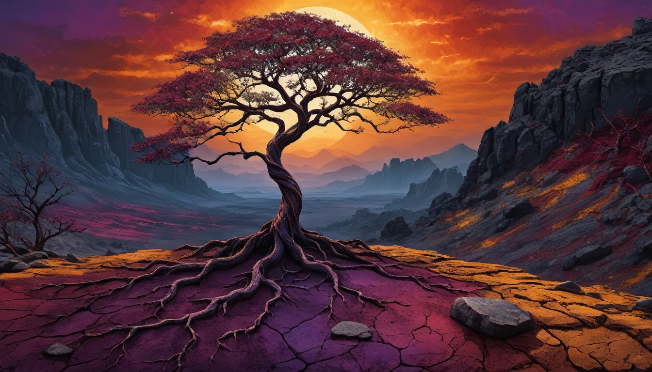 Artistic Photography Style A textured digital painting depicting a lonely, leafless tree standing on rocky ground. The tree has a twisted trunk with intricate branches that spread out to form a dense, circular cup. The painting employs a bold color palette with the tree in shades of dark red, on a vibrant orange and yellow background, evoking a sunset or a fiery glow. The ground is covered in shades of dark purple, light blue,  maroon, and yellow notes. There are detailed textures that resemble cracked earth and scattered rocks., with some areas having a rough appearance, almost embossed appearance. The general mood is dramatic and somewhat mystical., capturing the stark beauty of the tree&#39;s silhouette. . Calm, proffesional, old project, high resolution, avant guard, highy detailed, original concept