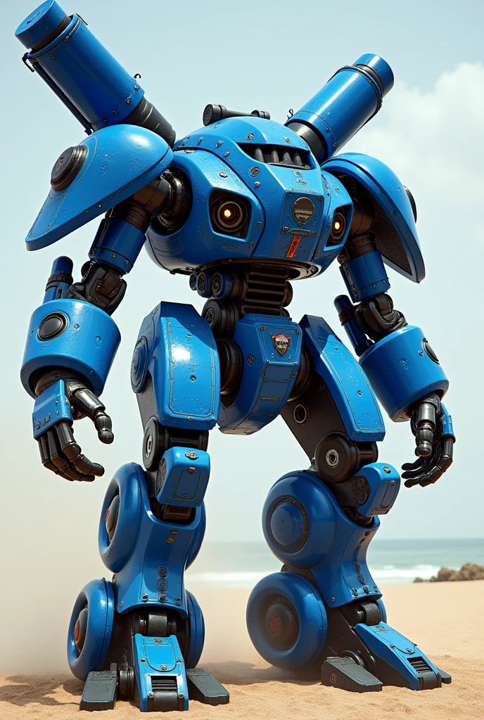 Giant Mech design that is blue that uses massive Gauntlets on its hands for Melee attacks and has 4 arms and that has rocket launchers on the back and on the shoulders that open up make it islander themed