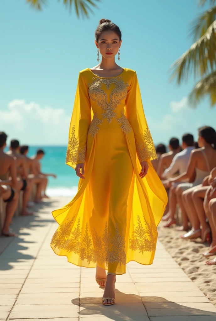 a realistic beautiful woman in Malay dress, Teluk belanga, the color of her dress is yellow, wearing high heels, and walking on a catwalk in a Malay fashion show , Full body picture