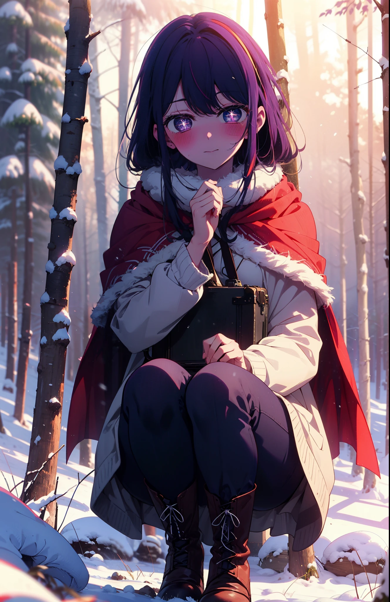 aihoshino, Ai Hoshino, Long Hair, bangs, (Purple eyes:1.1), Purple Hair, (Symbol-shaped pupil:1.5), smile,,smile,blush,white breath,
Open your mouth,snow,Ground bonfire, Outdoor, boots, snowing, From the side, wood, suitcase, Cape, Blurred, , forest, White handbag, nature,  Squat, Mouth closed, Cape, winter, Written boundary depth, Black shoes, red Cape break looking at viewer, Upper Body, whole body, break Outdoor, forest, nature, break (masterpiece:1.2), Highest quality, High resolution, unity 8k wallpaper, (shape:0.8), (Beautiful and beautiful eyes:1.6), Highly detailed face, Perfect lighting, Highly detailed CG, (Perfect hands, Perfect Anatomy),