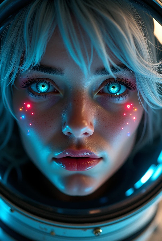(Close-up of a ter masterpiece: 1.5) 0.9], (Space and astronauts: 1.2) (Disheveled silver hair: 1.1) (Xanthochromia heterochromia and blue eyes: 1.2) (space helmet: 1.0) (colorful stars in the eyes: 1.0) (A radiant glow: 1.1) (thick lips: 0.9)