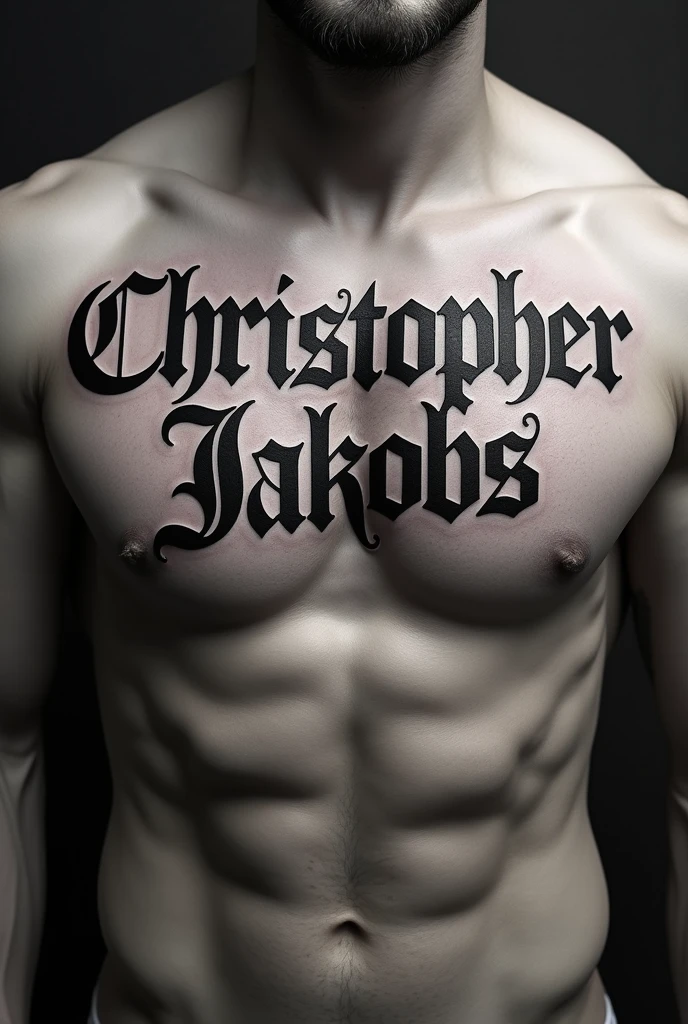 "Christopher Jakobs" transform these words ( Christopher Jakobs ) in a tattoo but the tattoo says that literally. Basically it is to make it look more aesthetic and that it is on a rib where this tattoo is located and that the font is in Roman