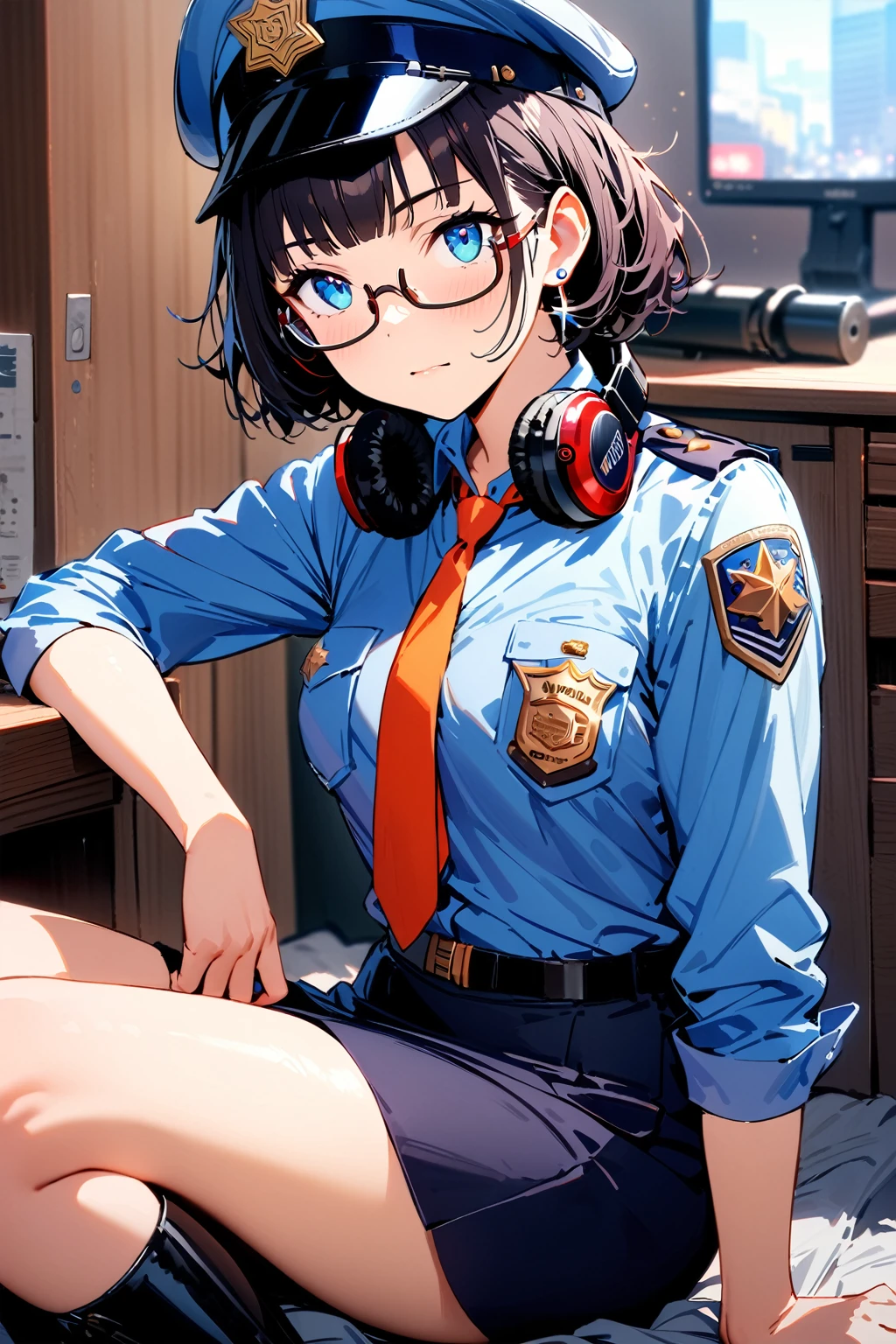 ((top-quality)), ((masterpiece)), ((ultra-detailliert)), (extremely detailed fine touch:1.3), solo, 1girl, (((semi-rimless eyewear:1.3))), (headphone around neck:1.2), sparkling earrings, bedroom eyes, short hair, messy hair, blunt bangs, policewoman, uniform, tie, policewoman hat, police badge, skirt, boots, pistol, city