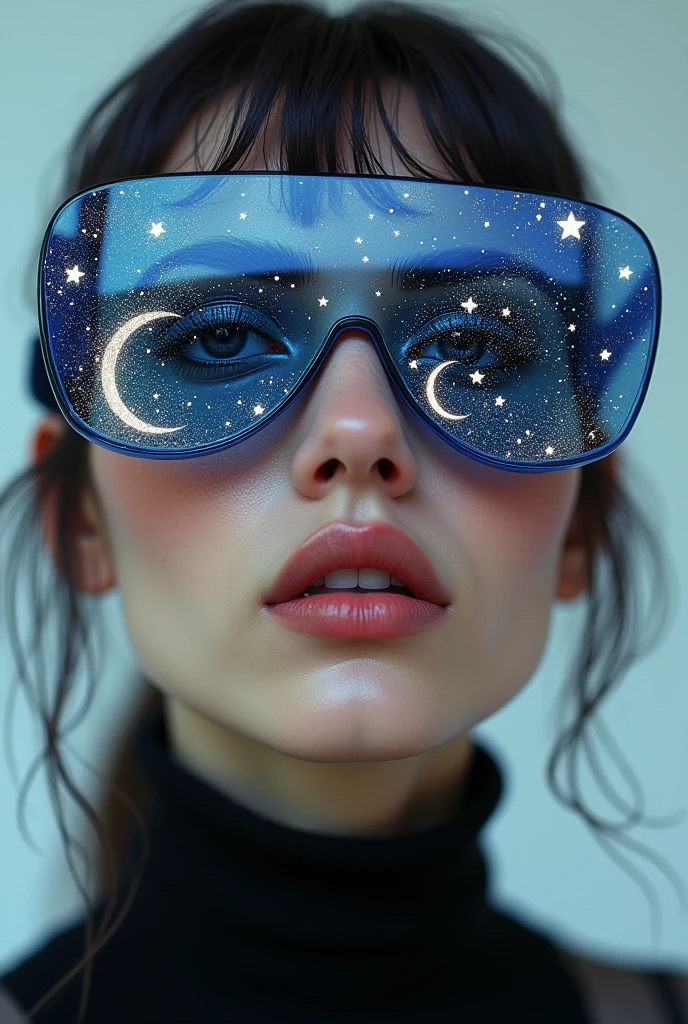 The model is wearing glass sunglasses with stars and the moon on the glass