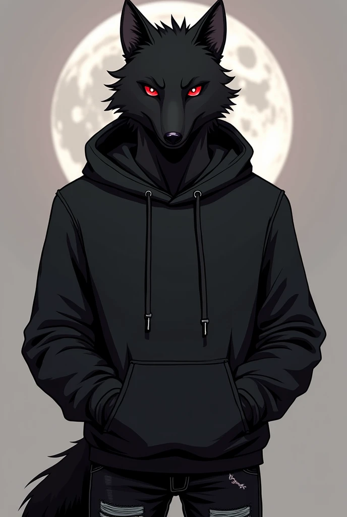 anthro, male, all Black wolf, black fur, red eyes, wearing black hoodie ripped black jeans doc martins anime style 

