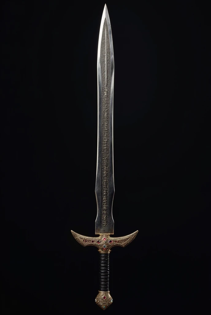 a sword with one bladed edge, heated black blade, inscriptions on the blade, neat handle decorated with gem stones