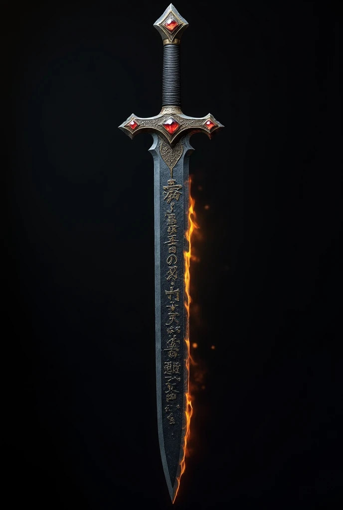 a sword with one bladed edge, heated black blade, inscriptions on the blade, neat handle decorated with gem stones