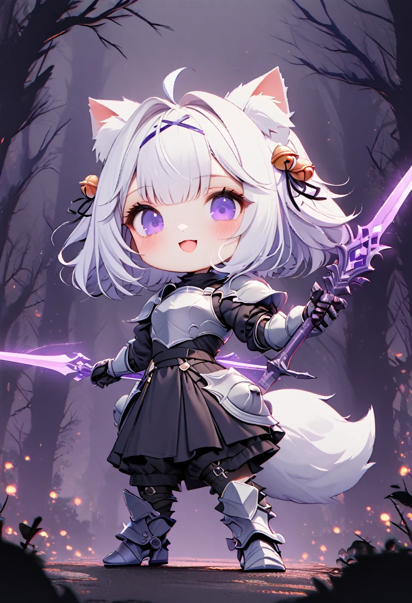 master piece, best quality, ultra-detailed, illustration, 1girl, solo, chibi, (big head), cute pose, front view, looking at viewer, ((full body Close up)), filian, filianoverall, Filiansailor, ((white hair)) , short hair, shoulder length hair, fly-away hair, bangs, hairclip, purple hair ornament, cat ears, (hair bell:1.3) ahoge, purple eyes, open mouth, smiling, (white fox tail), ((spear knight outfit)), knight's armor, metal breastplate, armored gloves, weilding 1sword , glowing sword , metal greaves, armored boots, spooky forest background, gloomy atmosphere, broken trees