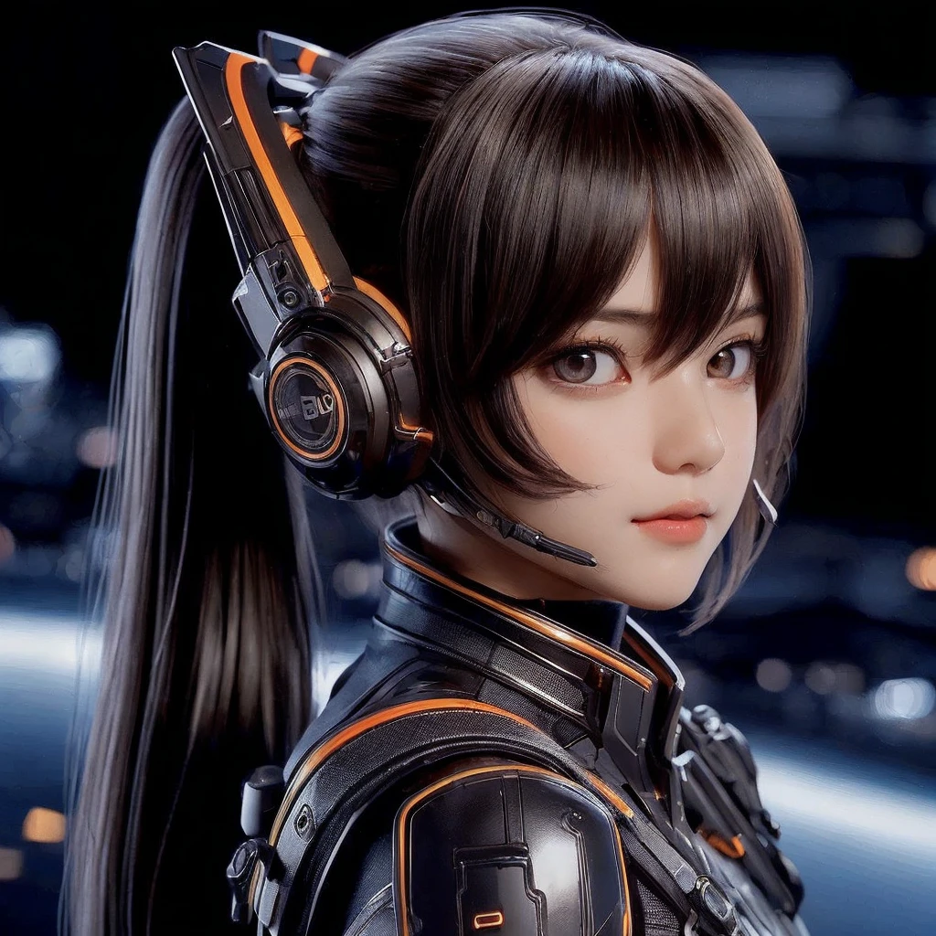 Top Quality, Masterpiece, Ultra High Resolution, (Photorealistic: 1.4), Raw Photo, 1 Girl, Black Hair, Glossy Skin, 1 Mechanical Girl, (((Ultra Realistic Details)), Portrait, Global Illumination, Shadows, Octane Rendering, 8K, Ultra Sharp, Intricate Ornaments Details, realistic skin, sweat effect, ((wearing Headphone)), very intricate detail, realistic light, CGSoation trend, brown eyes, glowing eyes, matte black and glossy orange mechanical bodysuit, Long hair, black hair, Ponytail hair, Half body shot, spaceship bridge background, dynamic pose, cute smile, close up, Open Mouth, facing audience