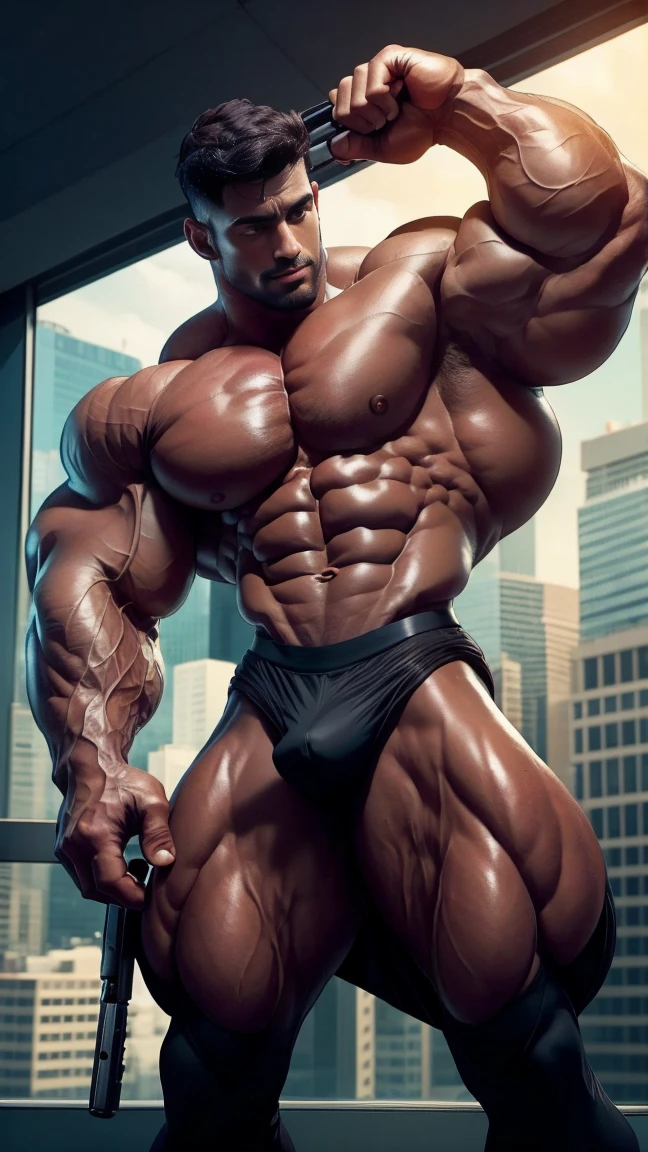 30 years old Desi poloce man with hung gun at waist mascular dark skin jaat with huge wide muscular shoulders, wide chest, abs, masculine wide triceps, arms, biceps, big masculine legs, wide thighs, calfs, black-haired, hair falls on your face, Mesmerizing brown eyes, red underwear, gloves in hand, in office