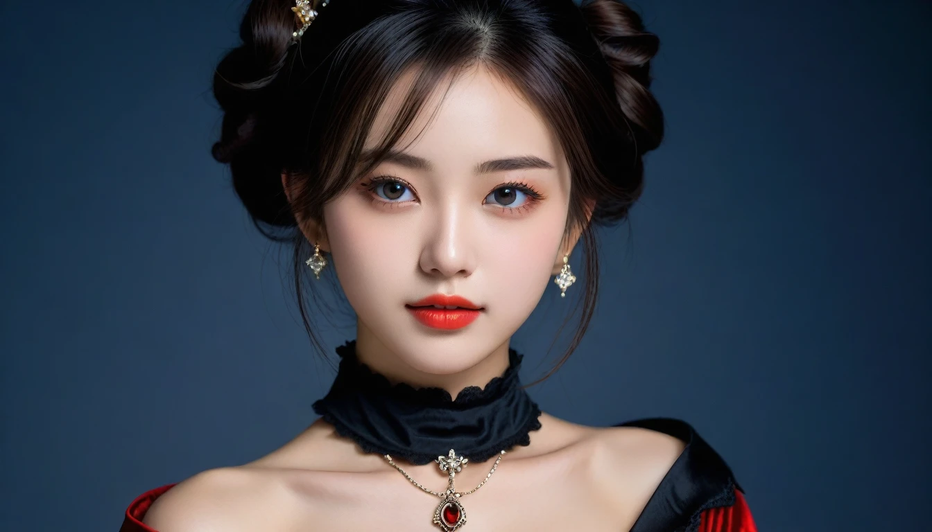 8k, Ultra-high resolution, Highest quality, masterpiece, 三分割法によるphotograph,Surreal, photograph, 1 Girl, (:1.3), pretty girl, Cute Face, 細部までBeautiful Eyes, 細かくdetailedに,masterpiece,One Girl:1.2,Japanese female announcer,cowboy shot,grin,Black short hair,Messy bun hair,((vampire:1.4)),awe, Natural skin texture、(Medieval European Dress Clothing:1.4)、(Colorful costumes:1.4)、Attractive girl、16 years oldmale body:1.4)、(女の子のポートレートphotograph:1.4Photorealistic images:1.4),Fantasy art,(Beautiful Face:1.4),Beautiful and attractive eyes、Beautiful Eyes、(Tight waist:1.4)、(9 Beautiful girls with perfect body proportions:1.4),Red lips,(choker:1.4),Looking at the audience,(((Ideal body type))),A-cup small breasts :2,、Portraiture:2、Perfect Anatomy、鮮明なdetailed、detailed,Fashion magazine cover,Thin lips,Gray background ,完璧でBeautiful Face ,完璧でCute Face, Skin with attention to detail, Perfect limbs、Narrow waist,Looking at the audience,(((Ideal body type))),A cup small breasts :2,Portraiture:2,Perfect Anatomy,鮮明なdetailed,detailed,Surreal,Light and shadow,moonlight