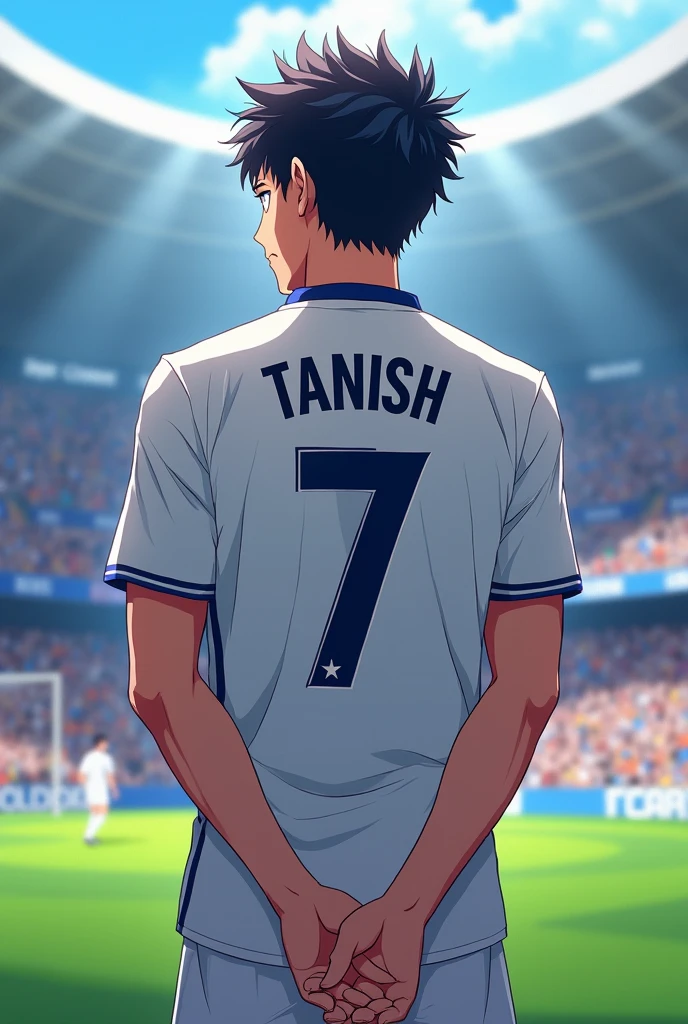 A football player
Age 18
On the back of the t-shirt name is TANISH .
Ans no. Is 7 .
In anime
An handsome boy
In a stadium
With real Madrid t-shirt
Create image on his back and show the name and no .
And hand folding position