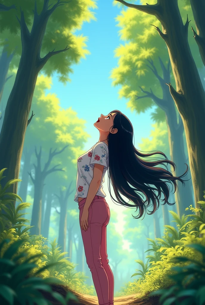 A 25-year-old girl,Wearing a white floral top,Black long hair,Pink pant,Shout to the sky,sideways,Background with forest,Trees,Anime style,Pixar style