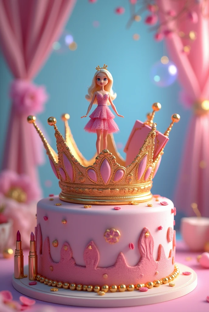 Create a cake image where cake's outline is crown and a doll is standing on it. A mirror, shopping bag, lipsticks on cake.