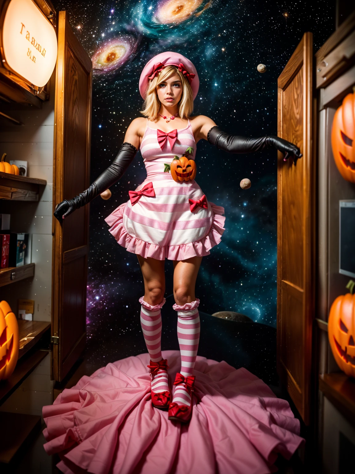 (1 lady), The beautiful, (Best quality at best:1.4), (ultra - detailed), (extremely detailed CG unified 16k), gold blonde hair, very detailed, High-definition RAW color photo, professional photoshooting, amazing face and eyes, cosmetics, (amazingly beautiful girl), ((lambdadelta, taller, tall woman)), ((dress, shoes bow, red shoes, striped stockings, red bow, pink hat, necklace, gloves, pearl, pumpkin brooch, pink dress)), levitating in a cute posture (floating in the air), (She's levitating in a cosmic sea, outer space:1.3, quantum hyperspace room lacking walls, hyperspace chamber, extremely detailed background, a lot of details background, realistic outer space background with stars quasars and cosmic bodies, brighter background), (look from above), realistic cinematic face, head to feet long wide zoomed out view, full body long view, photorealistic, ((realistic natural blonde hair style, red eyes)), gorgeous, extremely beautiful face, perfect model beauty, pout mouth, Highly Detailed Face and Skin Texture, Detailed Eyes, Double Eyelids, Small Breasts, Persistent Stare, Faith Trance, (mystical stare, looking eternity), (masterpiece), best quality, high resolution, depth of field, cinematic lighting, amazing legs, pink combat boots, clear and well-cared skin
