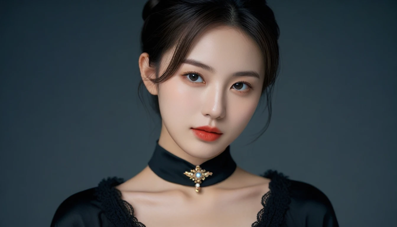 8k, Ultra-high resolution, Highest quality, masterpiece, 三分割法によるphotograph,Surreal, photograph, 1 Girl, (16 years old:1.3), pretty girl, Cute Face, 細部までBeautiful Eyes, 細かくdetailedに,masterpiece,One Girl:1.2,Japanese female announcer,cowboy shot,grin,Black short hair,Messy bun hair,((vampire:1.4)),awe, Natural skin texture、(Medieval European Dress Clothing:1.4)、(Colorful costumes:1.4)、Attractive girl、16 years old、(Perfect female body:1.4)、(女の子のポートレートphotograph:1.4)、(Photorealistic images:1.4),Fantasy art,(Beautiful Face:1.4),Beautiful and attractive eyes、Beautiful Eyes、(Tight waist:1.4)、(9 Beautiful girls with perfect body proportions:1.4),Red lips,(choker:1.4),Looking at the audience,(((Ideal body type))),A-cup small breasts :2,、Portraiture:2、Perfect Anatomy、鮮明なdetailed、detailed,Fashion magazine cover,Thin lips,Gray background ,完璧でBeautiful Face ,完璧でCute Face, Skin with attention to detail, Perfect limbs、Narrow waist,Looking at the audience,(((Ideal body type))),A cup small breasts :2,Portraiture:2,Perfect Anatomy,鮮明なdetailed,detailed,Surreal,Light and shadow,moonlight