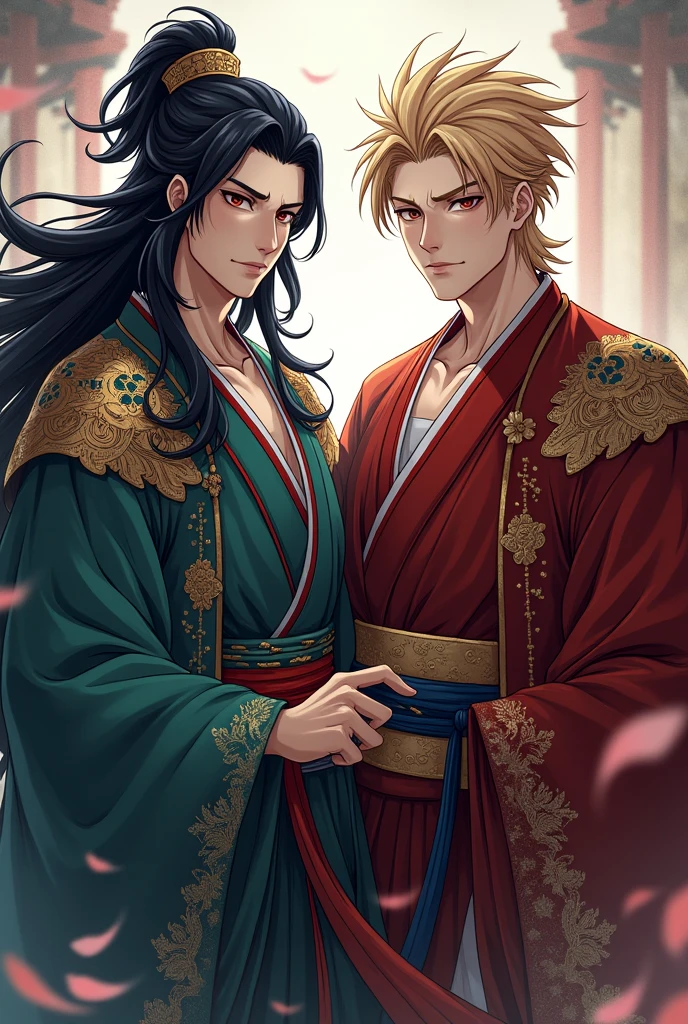 Two handsome men, one with long black hair and the other with short messy blond hair, powerful kings, dressed in japanese traditional royal clothing, cold aura, anime