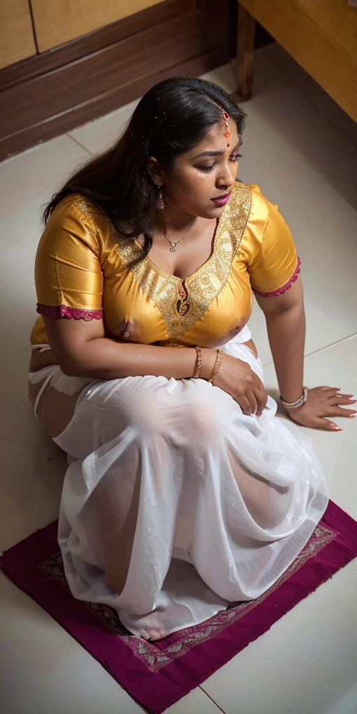 Day scene, full body photo of a plus sized 45 year old indian with a man from top view, (Masterpiece, Best Quality, High Resolution), office Background, (cum Splash on her breasts and nipples, cum Splash on her face, Splash of cum, cum Splash on her blouse, cum Splash on her eys), Sweet 25 year old South indian women sitting on her knees in a crowded party hall with a man, hour glass body red lips, silver colour silky gown, lightly makeup,ultra realistic, realistic, look at viewer (cinematic:1.3), intricate details,