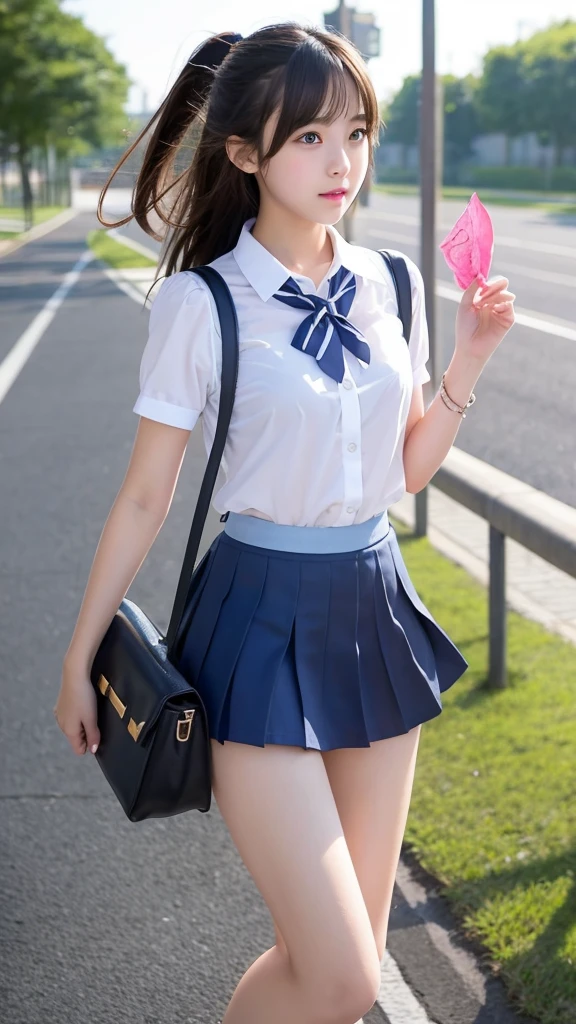 arafed asian woman in a short skirt and white shirt, Cute Schoolgirl, Japan school uniform, japanese girl school uniform, a hyperrealistic schoolgirl, of a schoolgirl posing, wearing japanese school uniform, sakimichan, dressed as schoolgirl, a hyperrealistic schoolgirl, Young Pretty Gravure Idol, School Girl, Seifuku