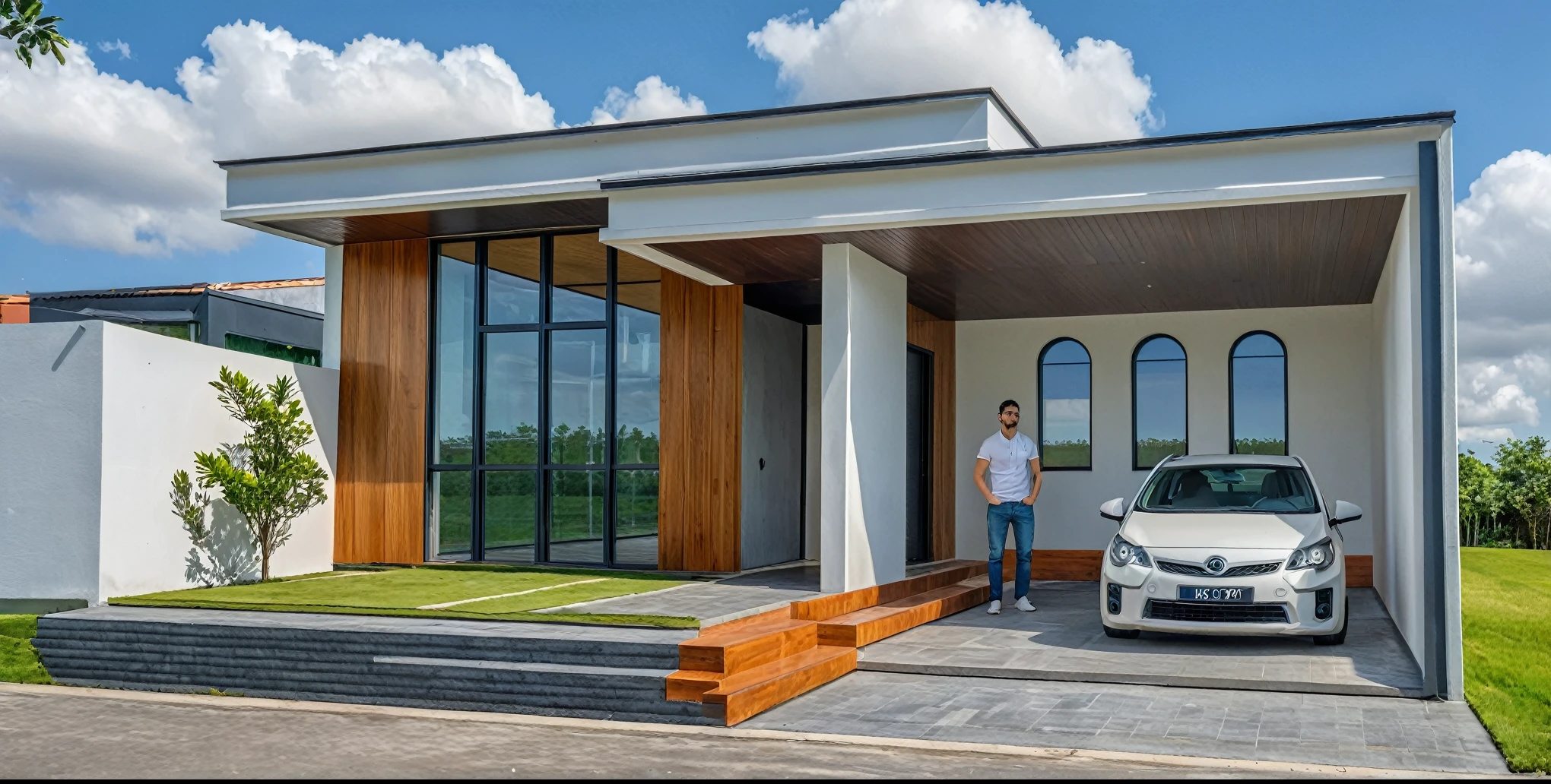 Masterpiece, high quality, best quality, authentic, super detail, outdoors, onestoreyvillaXL, aiaigroup, house style modern on the street ,stairs, white wall ,road,pavement, grass, trees, sky, cloud, (daylight:1.1)