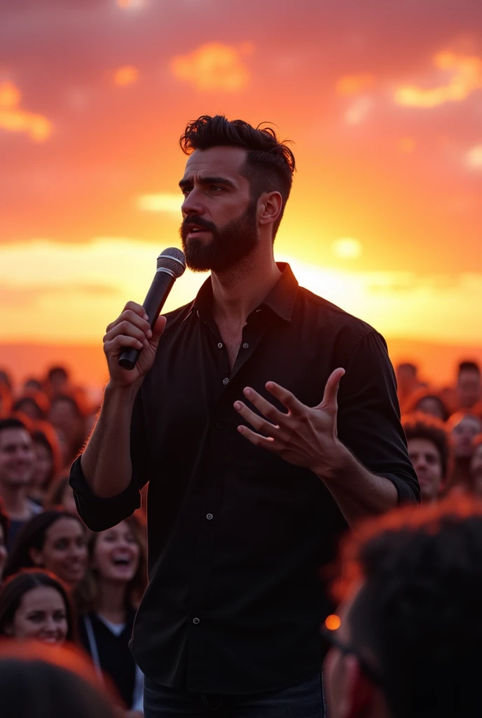 A  man with a short  beard and dair hair, wearing a black shirt, standing and speech in mike in the middle of an sun set with a crowd of people are encouraging in the background front view