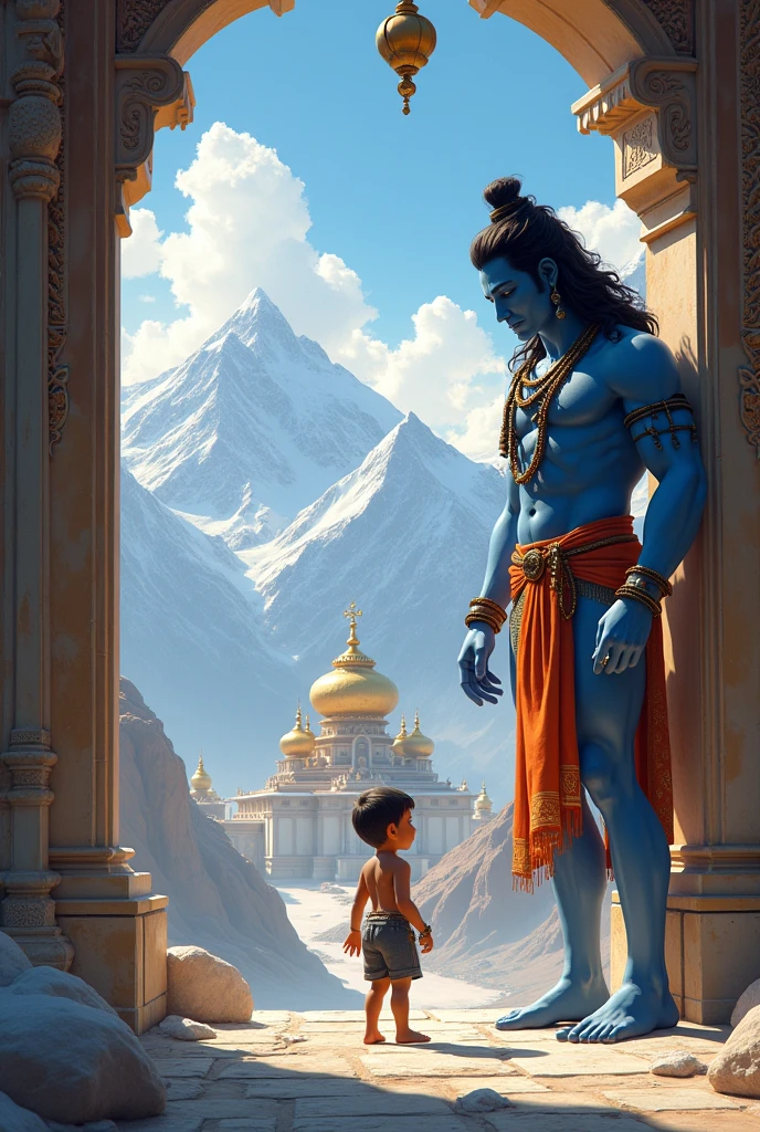 A small cute boy is stopping Lord Shiva from entering into a palace
Background has to be Himalayas
