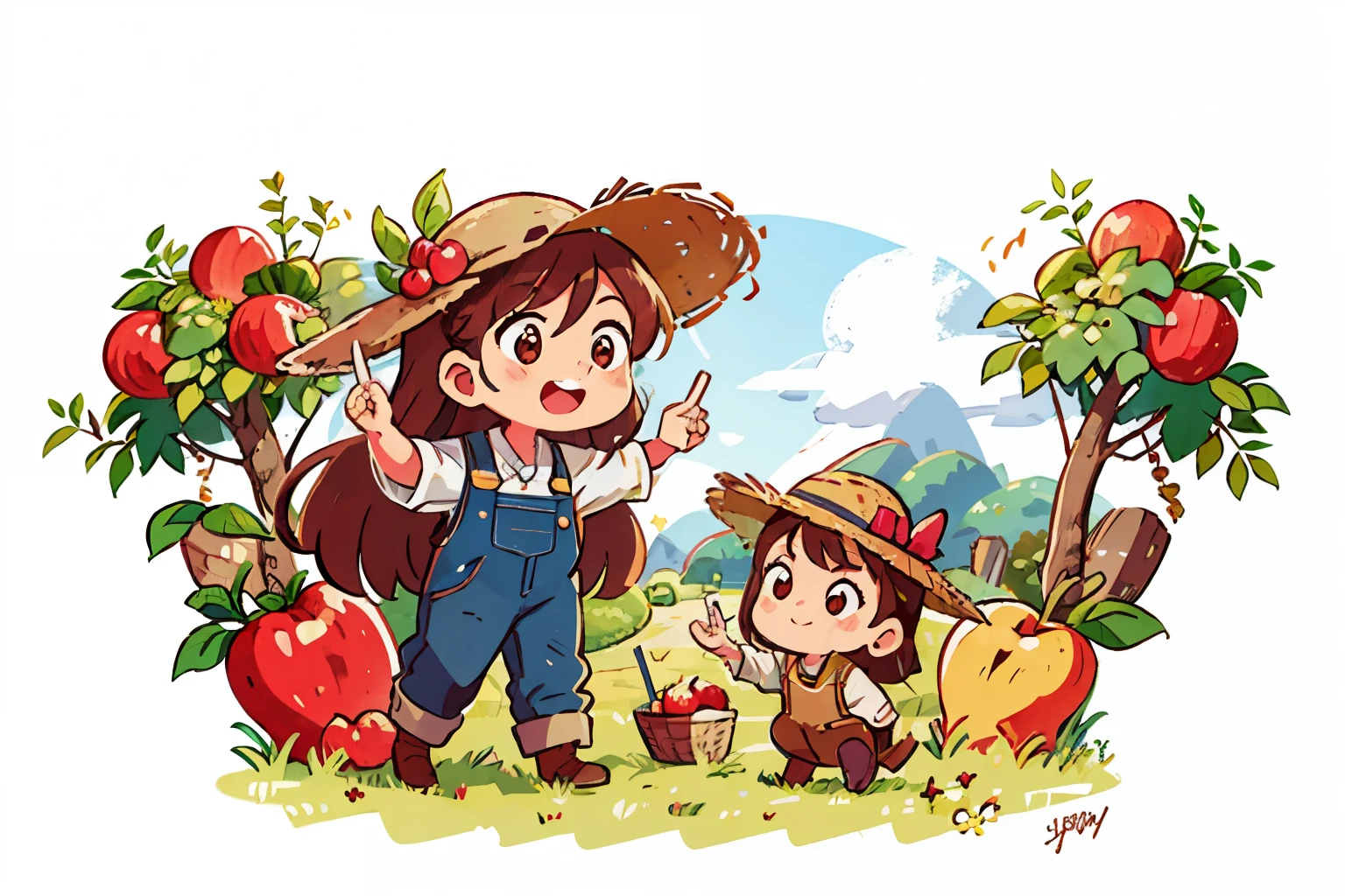 Girl with long brown hair,Put on the farmer suit,(With straw hat),in apple orchard,colorful,Dance(with love)happy,apple(surrounded by love),O sign,Vector,Line art,design,inspiration,straight line,RHAD