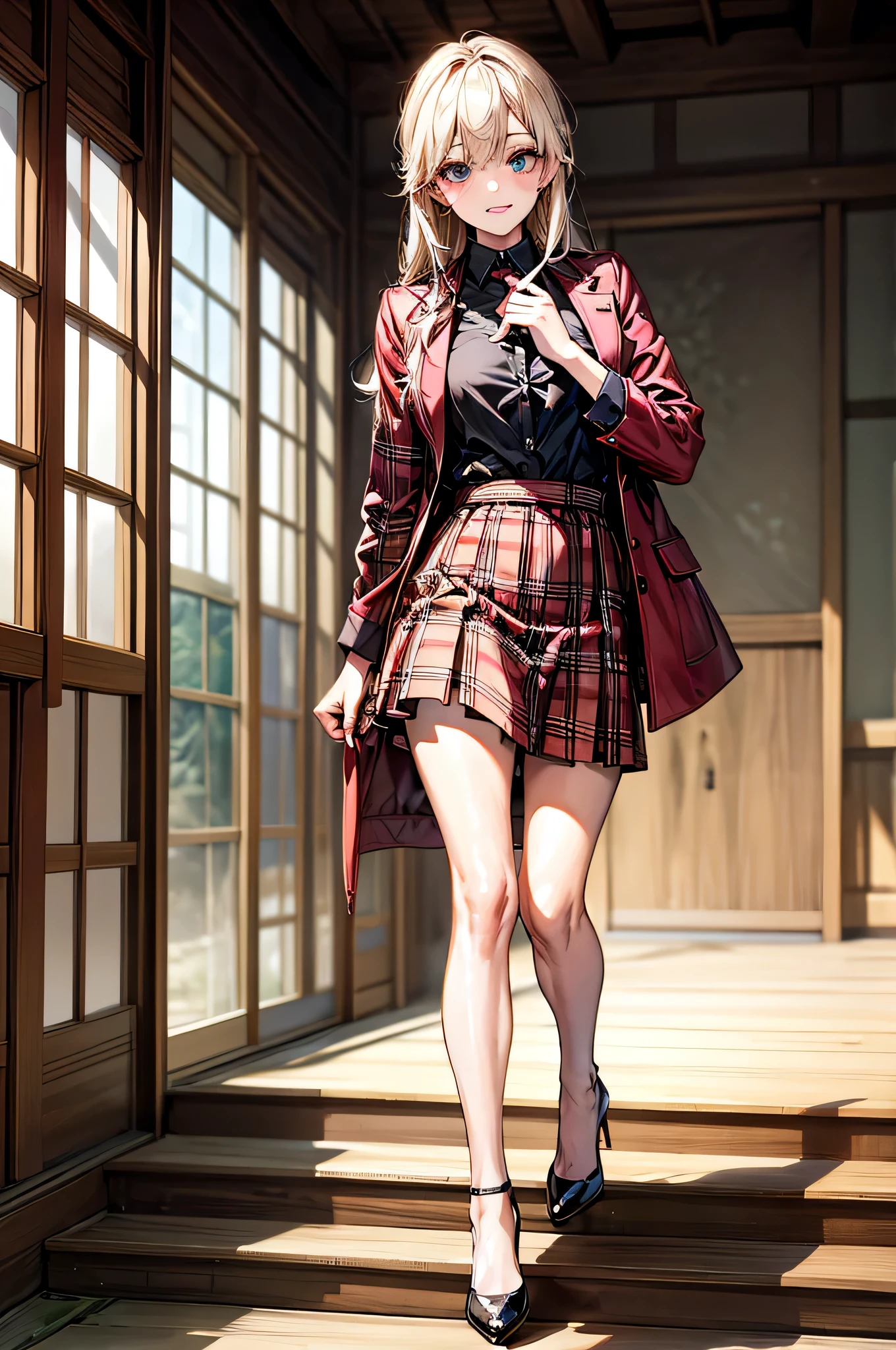 (Biologically correct limb count),Full body, including face,4K,Focus on the masterpiece face,Well-proportioned facial features,Delicate descriptive eyes,One beautiful woman,(Black shirt,red jacket,red plaid skirt),(Grin),Photos with white borders,looking at the camera,Kiyomizu-dera Temple Walking,Walking down the stairs,((High heels))