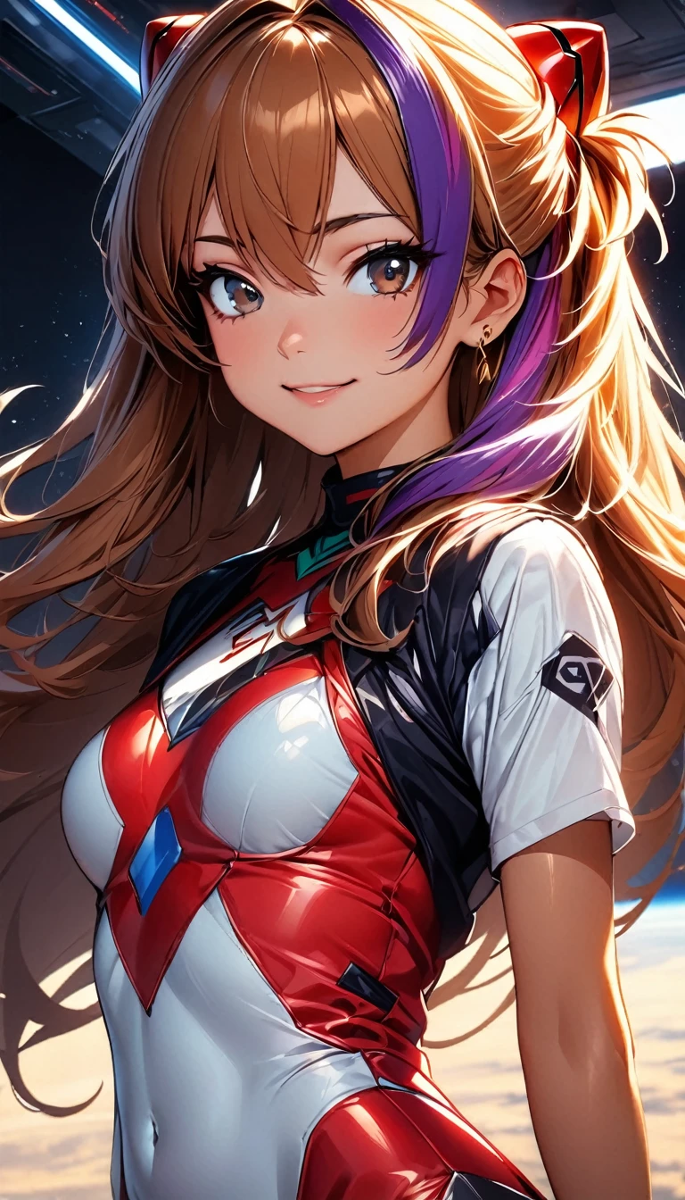 (highest quality:1.2, Very detailed, up to date, Vibrant, Ultra-high resolution, High Contrast, masterpiece:1.2, highest quality, Best aesthetics), Portraiture、girl、((25-years-old:1)), Soryu Asuka Langley, costume, Beautiful fine details、Bright colors、Beautiful lip detail, long hair、black and purple ((streaked hair:1.6)), highlights hair: 1.5, brown eyes, gold earrings, ((slim body:1.6)), (small breast:0.5), (dark skin:0.5)), smile:1.5 , space base, (cowboy shot:1), looking viewer
