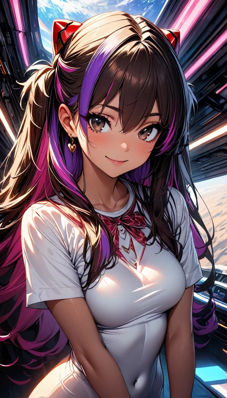 (highest quality:1.2, Very detailed, up to date, Vibrant, Ultra-high resolution, High Contrast, masterpiece:1.2, highest quality, Best aesthetics), Portraiture、girl、((25-years-old:1)), Soryu Asuka Langley, costume, Beautiful fine details、Bright colors、Beautiful lip detail, long hair、black and purple ((streaked hair:1.6)), highlights hair: 1.5, brown eyes, gold earrings, ((slim body:1.6)), (small breast:0.5), (dark skin:0.5)), smile:1.5 , space base, (cowboy shot:1), looking viewer