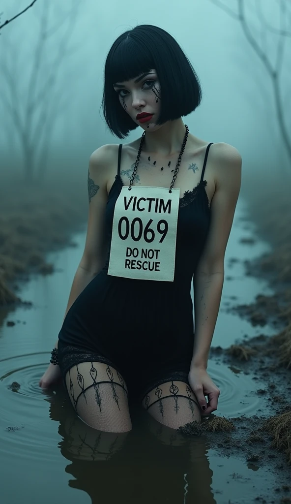woman, bib "VICTIM 0069 DO NOT RESCUE", short tight black dress, stockings with garters, stuck in mud bog,pale ethnic patterns ritual makeup, cold, red lips, y posing, bob haircut, blue fog, posing, dynamic, sexespair