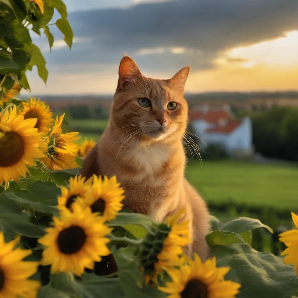 Chat dans un jardin avec une vue sur les champs de tournesol et de blé 
