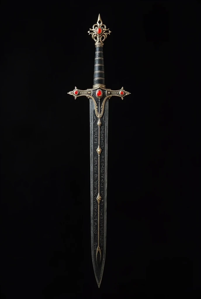 a sword with one bladed edge, black blade, inscriptions on the blade,  neat handle decorated with gem stones