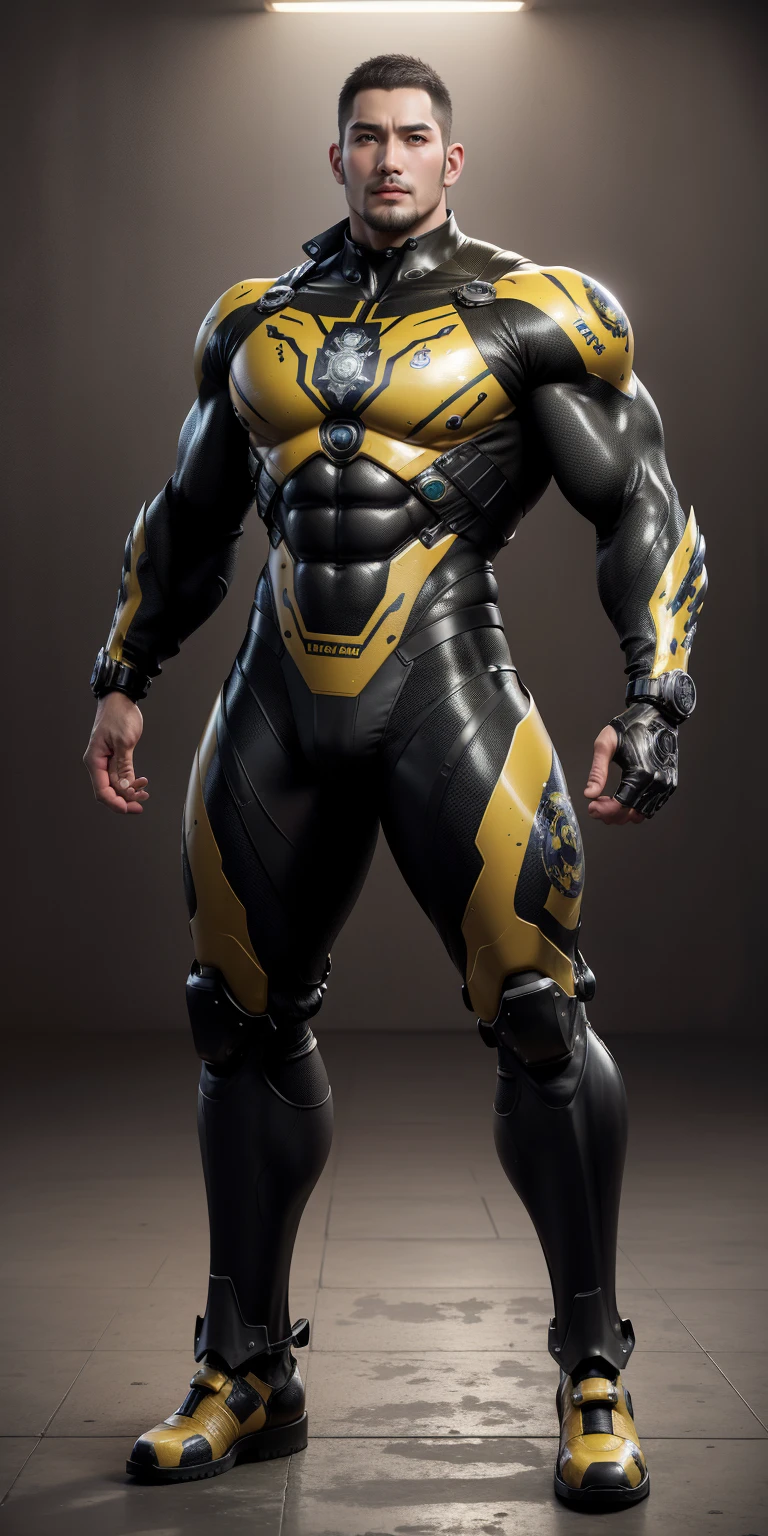 Tall giant muscular police officer,Yellow and black camouflage patterned nano mecha,Honeycomb pattern,Lightweight texture,Character Concept(Resident Evil - Chris Redfield,Chris Redfield)senior police officer,Small grid texture,Regular symmetrical texture pattern,Sad expression,Deep and charming eyes,Standing in a bright mechanical laboratory,Emerald Eyes Hero,Heroic male pose,高大Burly,muscular!Attractive leg muscles,High target, Burly, Heqiang, Super Buff and Coolness, High Resolution Committee, Bigfoot yellow-gray ultra-thin nano-mechanical boots,Charismatic strongman,The bright sunshine shines on you,Matte particles,Shiny texture