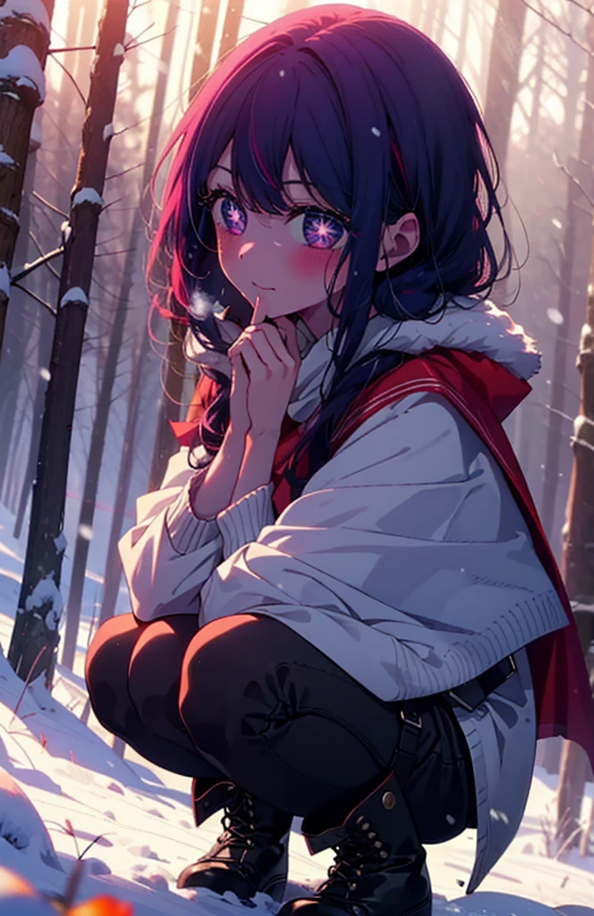 aihoshino, Ai Hoshino, Long Hair, bangs, (Purple eyes:1.1), Purple Hair, (Symbol-shaped pupil:1.5), smile,,smile,blush,white breath,
Open your mouth,snow,Ground bonfire, Outdoor, boots, snowing, From the side, wood, suitcase, Cape, Blurred, , forest, White handbag, nature, Squat, Mouth closed, Cape, winter, Written boundary depth, Black shoes, red Cape break looking at viewer, Upper Body, whole body, break Outdoor, forest, nature, break (masterpiece:1.2), Highest quality, High resolution, unity 8k wallpaper, (shape:0.8), (Beautiful and beautiful eyes:1.6), Highly detailed face, Perfect lighting, Highly detailed CG, (Perfect hands, Perfect Anatomy),