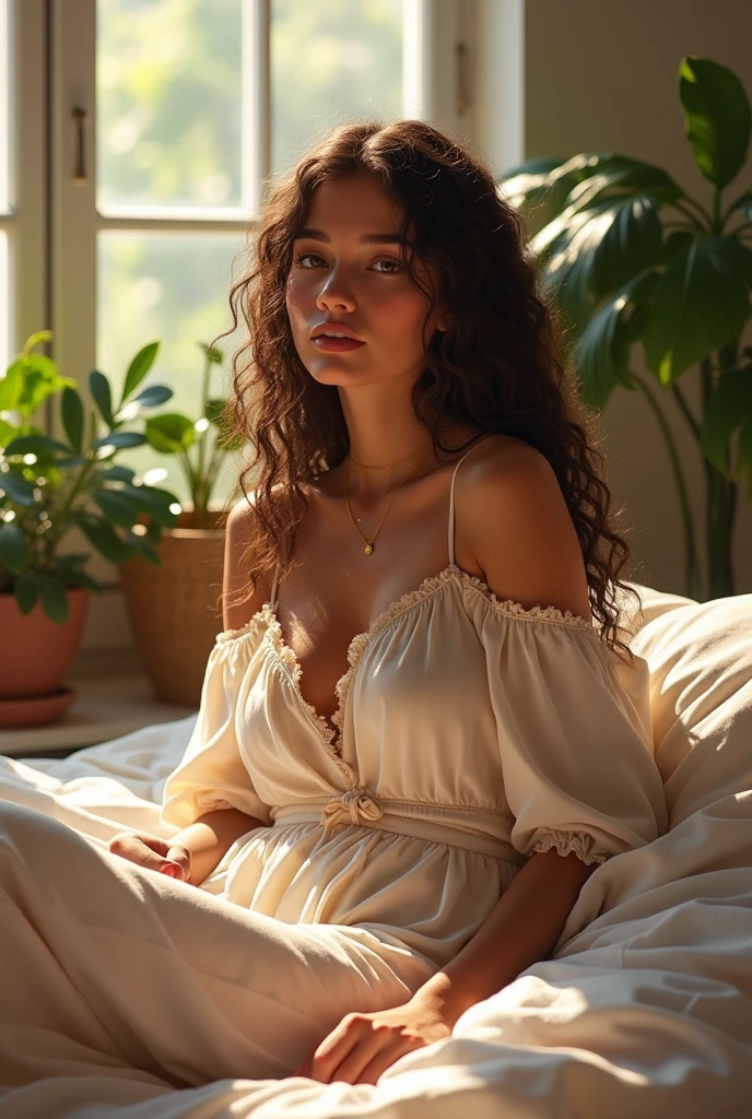 (photorealism:1.2), beautiful woman, sitting on bed, wearing loose off-shoulder top, pajama pants, long curly hair, indoors, soft lighting, plants in background, window with sunlight, cozy room, relaxed pose, realistic, intricate details, warm colors, by Greg Rutkowski, by Alphonse Mucha