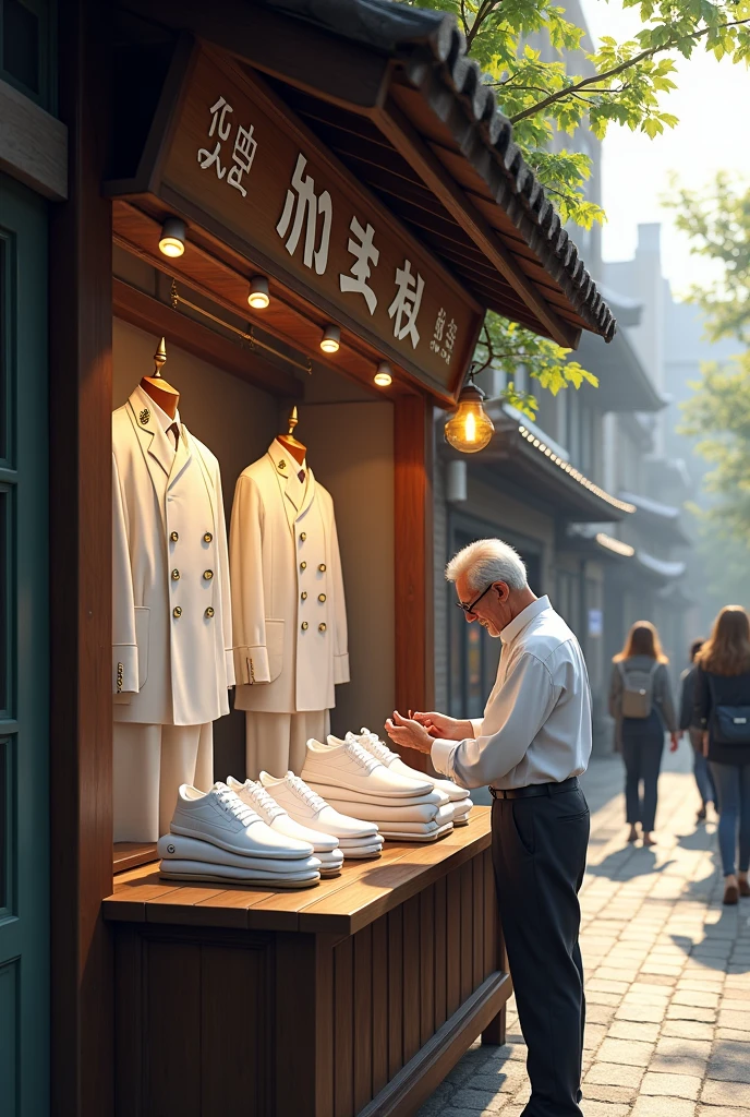 A shop selling white student uniforms in front of the university.