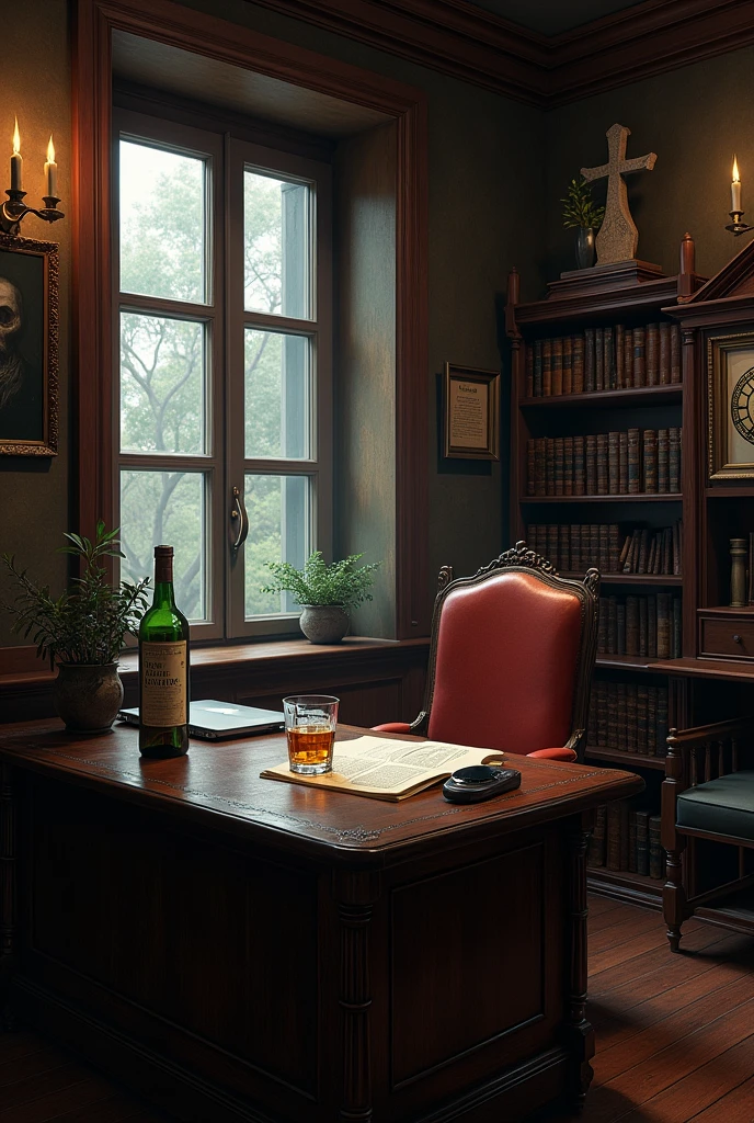 create me a room visual let the room be like a mafia leader's room with a chair, a table etc. of course there should be a bottle of whiskey and a glass full of whiskey and a cigarette on the table also a phone and maybe a laptop of course the table should be in front of the chair there should be a window behind and windows on the sides the paintings can include a sickle picture or a gravestone and there will be a library in the room there should be no greenery or even plants towards the bottom right diagonal of the table there can be an old clock with roman numerals on the wall as a clock intellectual medieval wannabe mafia but also a cult cultured room with a theme and there should be a small image in the room reminding of death a dim atmosphere italian mafia boss medieval France themed room without plants but the chair is behind the table like an office also the library is on the right side