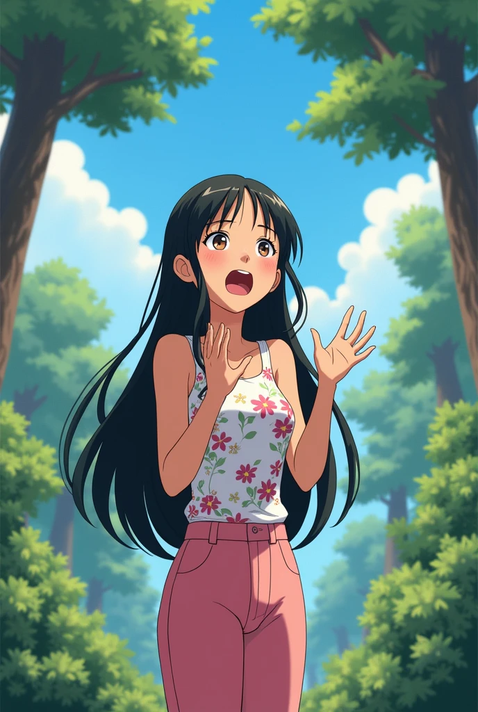 A 25-year-old girl，Wearing a white floral top，Black long hair，Hands to the mouth，Pink pant，Shout to the sky，sideways，Background with forest，Trees，Anime style，Pixar style