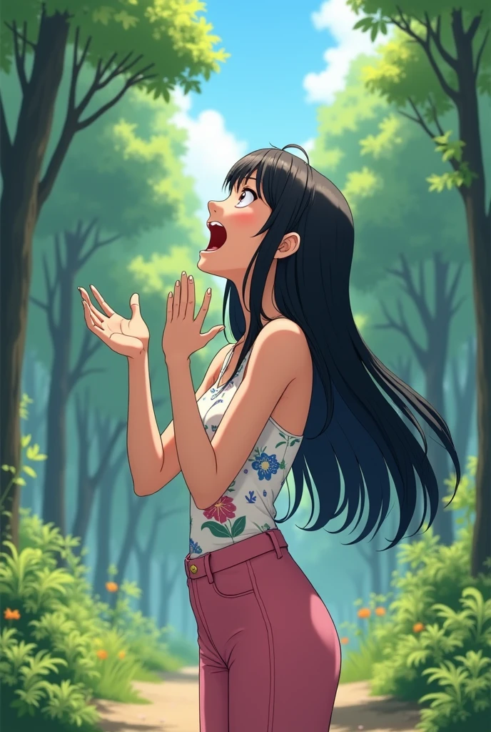 A 25-year-old girl,Wearing a white floral top,Black long hair,Hands to the mouth,Pink pant,Shout to the sky,sideways,Background with forest,Trees,Anime style,Pixar style